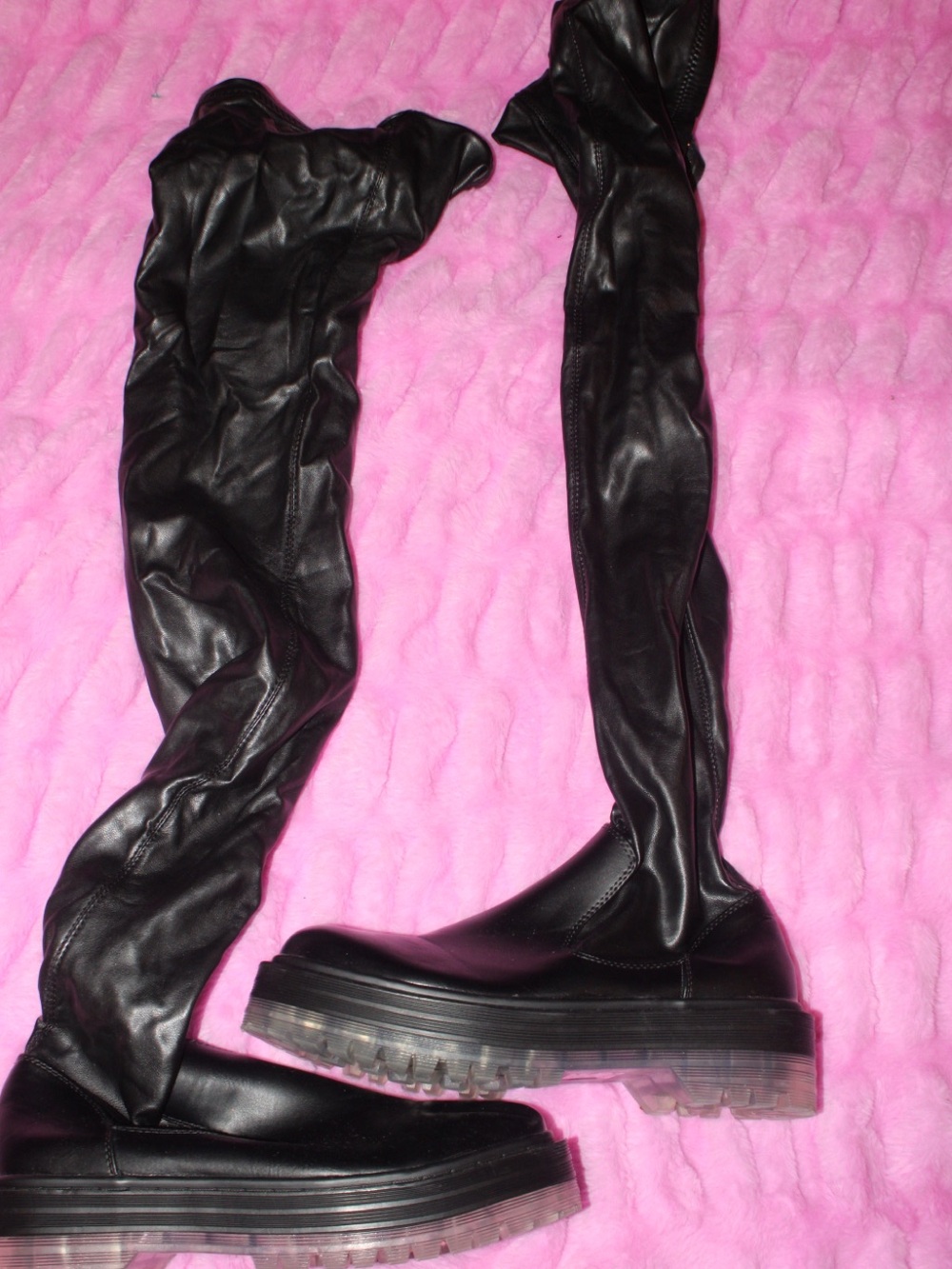 Black Over-the-Knee Platform Boots with Clear Lug Sole